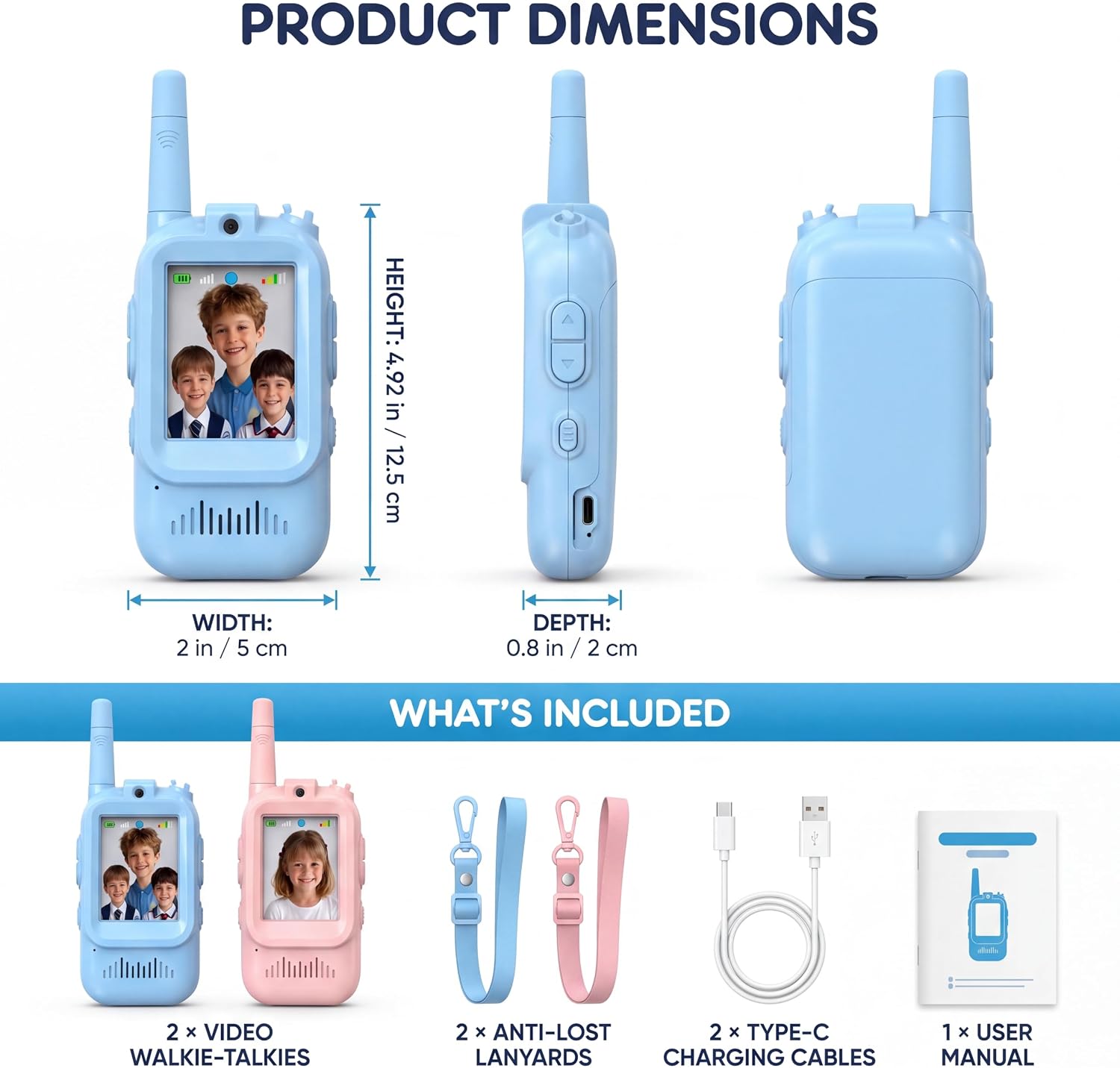 Kids Video Walkie Talkie Toy (2-Pack) - 2.4G WiFi Rechargeable Handheld Intercom with 2-Inch Screen and Fun Voice Changing Function for Boys & Girls