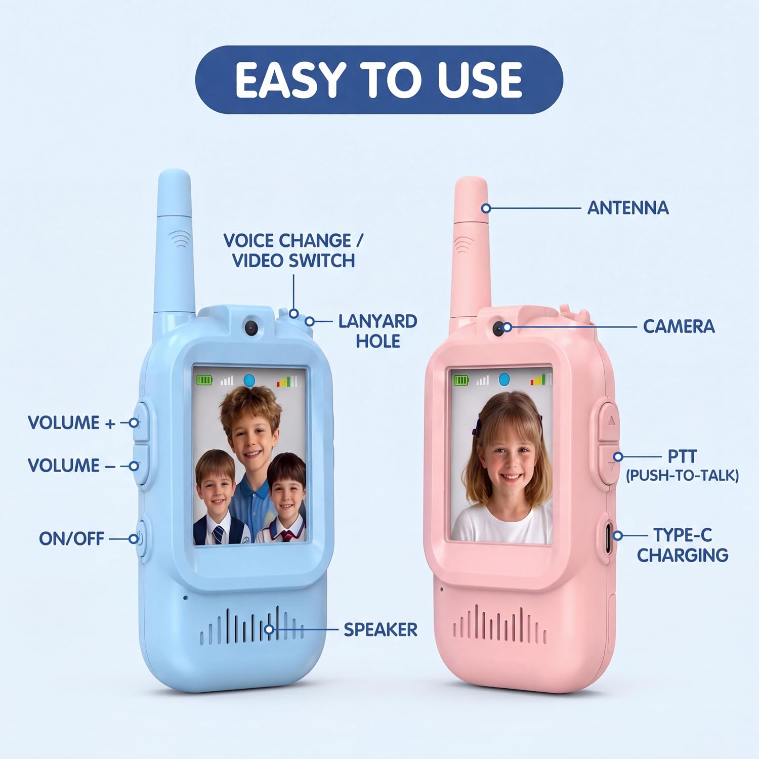 Kids Video Walkie Talkie Toy (2-Pack) - 2.4G WiFi Rechargeable Handheld Intercom with 2-Inch Screen and Fun Voice Changing Function for Boys & Girls