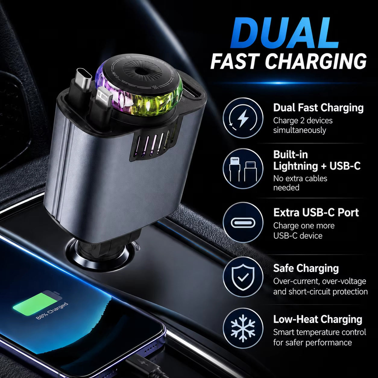 45W 5-in-1 Retractable Car Charger with Starlight Lamp