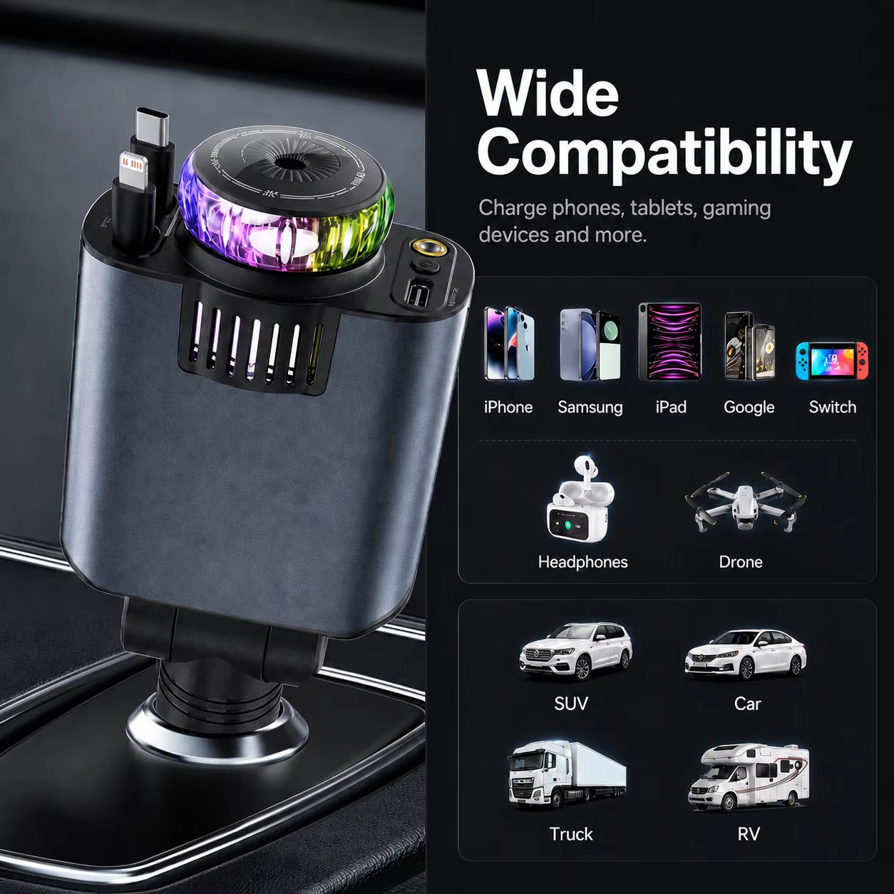 45W 5-in-1 Retractable Car Charger with Starlight Lamp