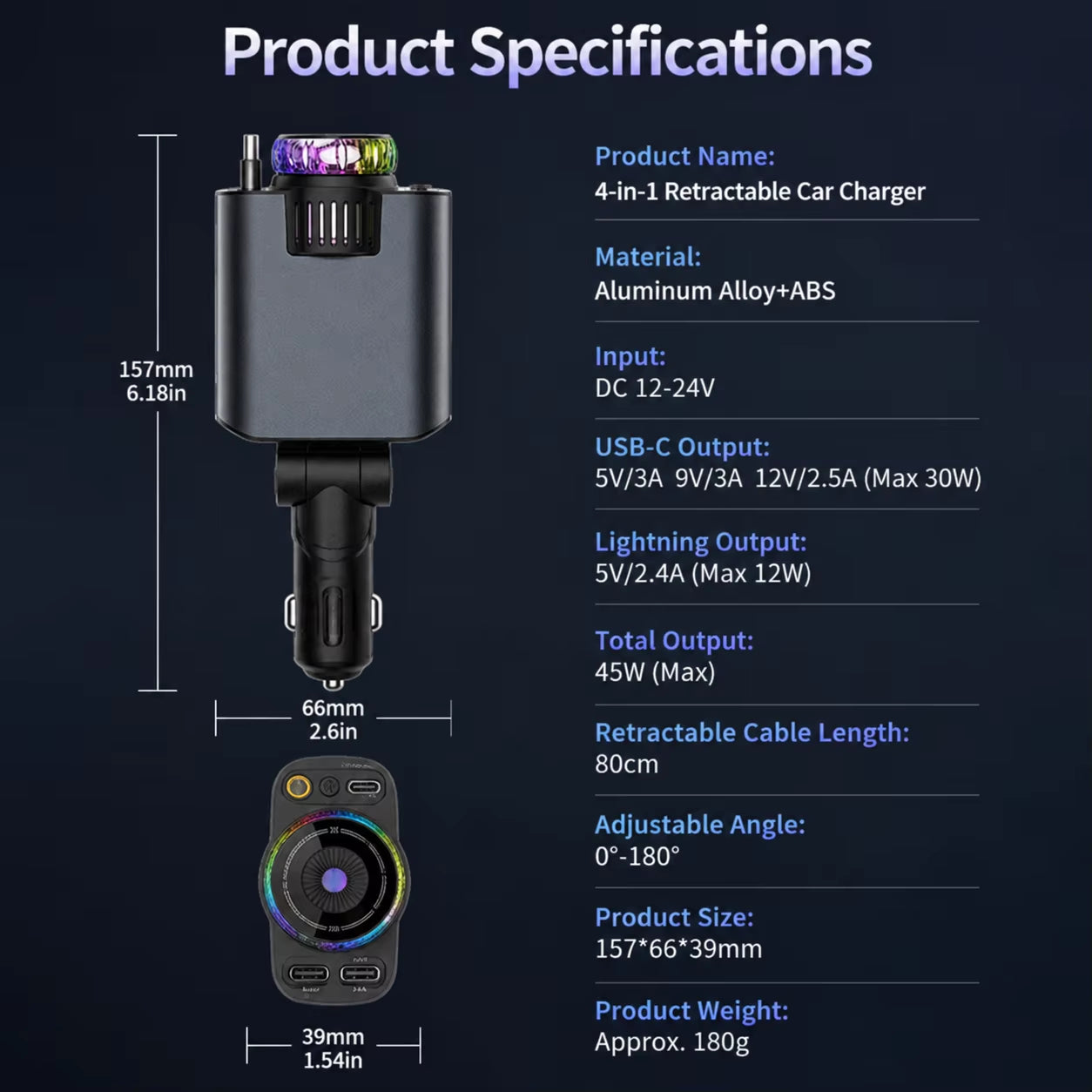 45W 5-in-1 Retractable Car Charger with Starlight Lamp